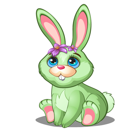 Cute green bunny with flowers and blue eyes. Vector illustration in cartoon style. Childs toy, symbol of Easter, romance and loveのイラスト素材