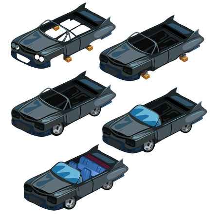 Assembling black cabriolet from parts at factory. Vector car illustration, five icon isolatedのイラスト素材
