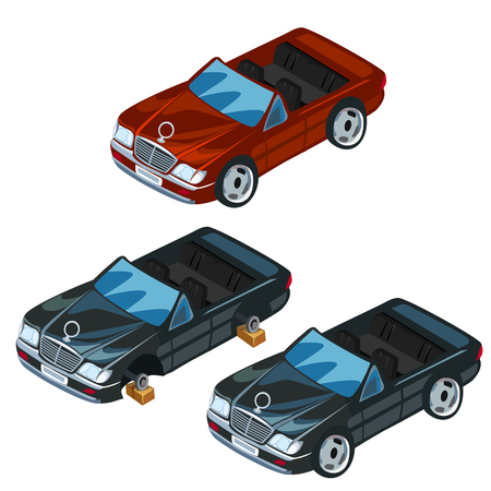 Black and red sports car with open top. Vector illustration, three icons isolatedのイラスト素材
