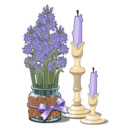 Bouquet of lilac in glass vase and two candles, romantic decor on white background. Vector illustrationのイラスト素材
