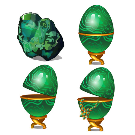 Malachite mineral and precious egg with emerald necklace. Four vector images on white backgroundのイラスト素材