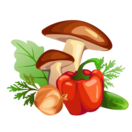 Collection of vegetables, mushrooms, sweet peppers, onion, cucumber and salad on a white backgroundのイラスト素材