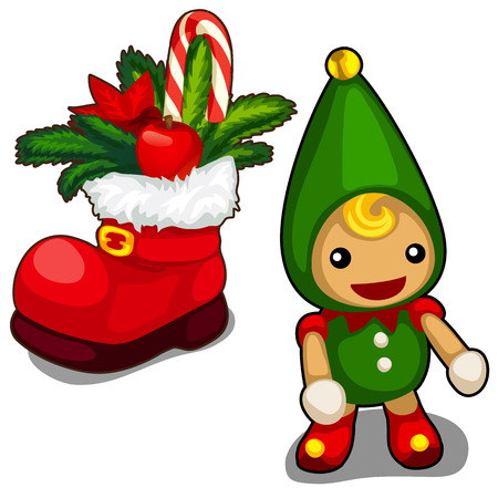 Christmas boot with traditional candy cane, fir-tree branch and apples and toy. Vector illustration, holiday symbolのイラスト素材