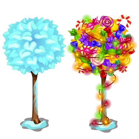 Snow frozen tree and holiday one with garland and sweets, two vector object on white backgroundのイラスト素材