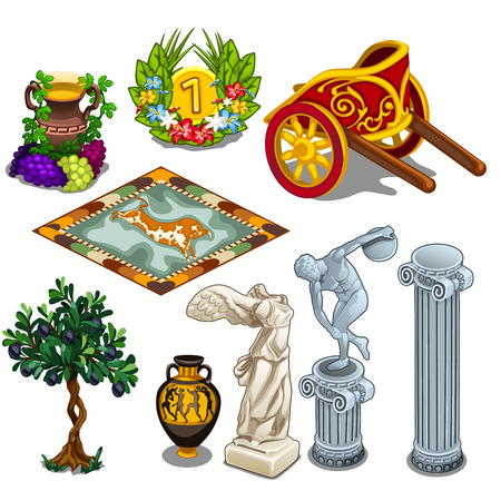 Greek statues and other symbols of ancient culture. Big vector set in cartoon styleのイラスト素材