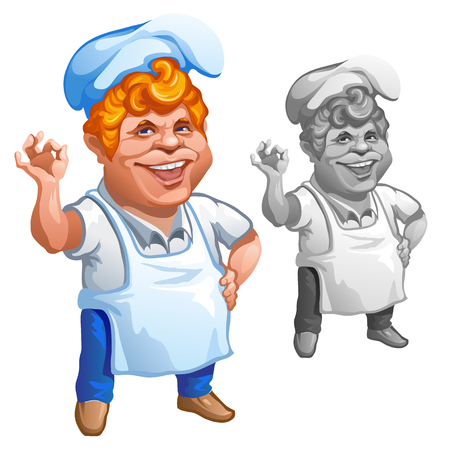 Cheerful red-haired chef gesturing OK sign. Vector male character in color and black and white variantのイラスト素材