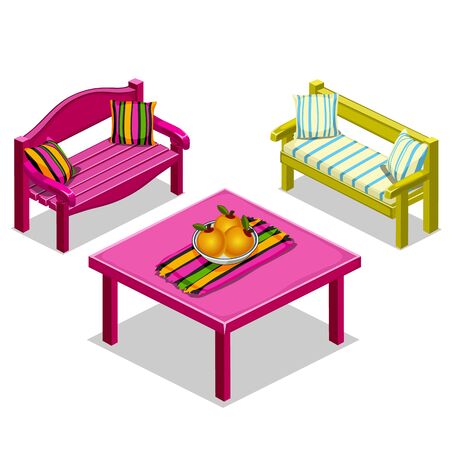 Modern furniture for lounge, benches and table on white background. Vector set for your design needsのイラスト素材