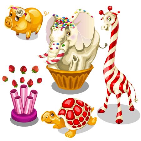 Animal sweets made of caramel and chocolate and gun shoots of strawberries. Vector illustration on white background for your design needsのイラスト素材