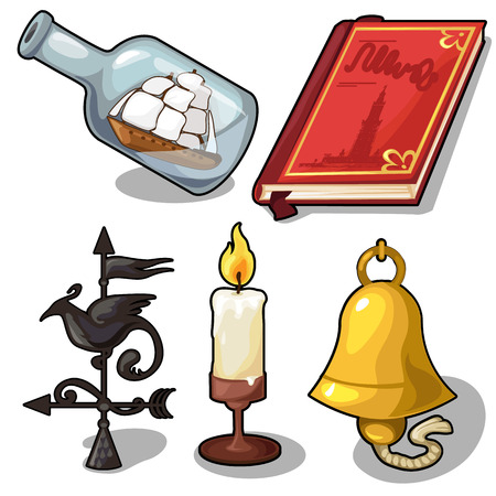 Vector set of book, bell, candle, compass, shipのイラスト素材