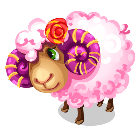 Sweet pink sheep with large spiral horns. Vectorのイラスト素材