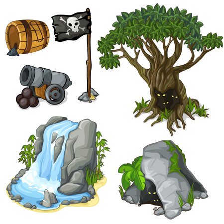 Mystical tree, cave, waterfall and pirate symbols. Fabulous illustration isolated on white. Vector in cartoon styleのイラスト素材