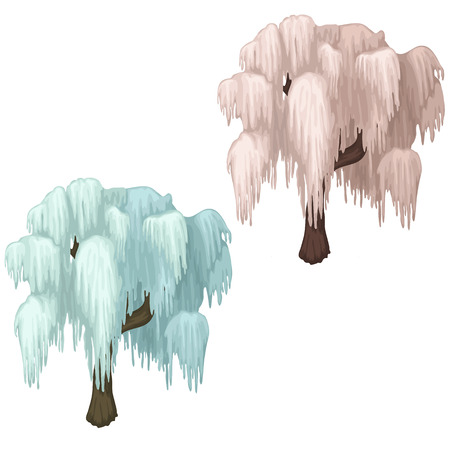 Weeping willow covered with ice. Concept of tree in winter season. Image in cartoon style on white background. Illustration isolatedのイラスト素材