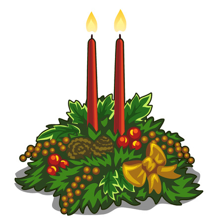 Christmas burning red candles decorated with hollyのイラスト素材