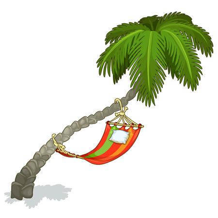 Hammock on a palm tree. Illustration of leisure, relaxation, vacation concept. Vector image in cartoon style. Image isolated on white backgroundのイラスト素材