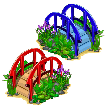 Vector red and blue decorative bridges with plantsのイラスト素材