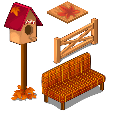 Set of fences, coverings, birdhouse and sofaのイラスト素材