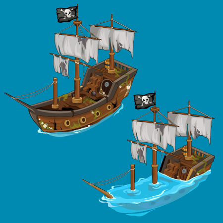 Old classic pirate ship on water and flooded.のイラスト素材