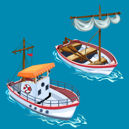 Modern motorboat and sailing wooden boat on waterのイラスト素材