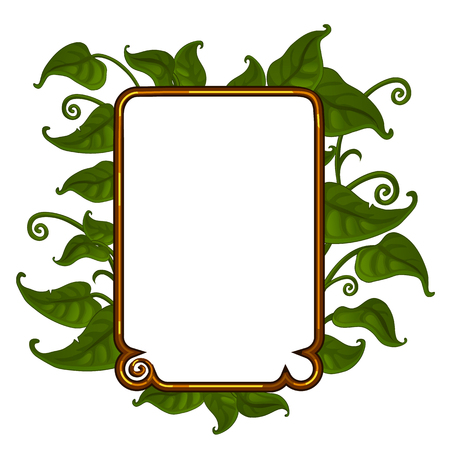 Golden frame with bright green leaves for your text. Vector illustration in cartoon style isolated on a white backgroundのイラスト素材