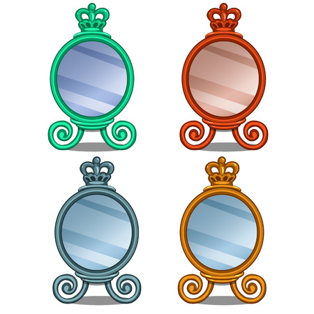 Set of cosmetic mirror with crown decoration. Vector illustration in cartoon style on white background. Image isolated for your design needsのイラスト素材