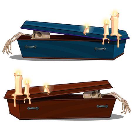 Skeleton coming out of wooden coffin with candles. Illustration in cartoon style for holiday halloween or thematic projects. Vector isolated on white background.のイラスト素材