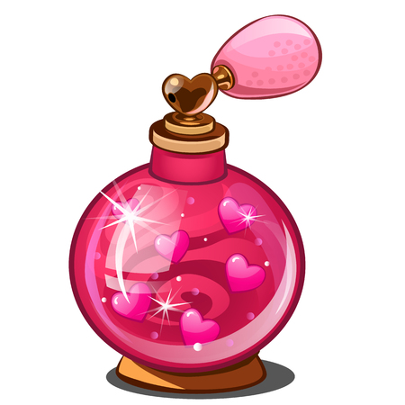 Elixir of love. Magic pink perfume bottle with hearts pheromone, spray vials. Female stuff, beauty product in cartoon style. Vector illustration isolated on white backgroundのイラスト素材