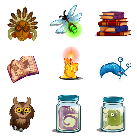 Halloween symbols - owl, mask, insect, book of spells, formalin mutant, candle. Nine vector icons set isolated on white backgroundのイラスト素材