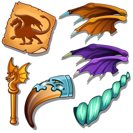 Dragon set - wings, picture on parchment. magic horn and golden rod with dragon figure. Magic collection of six items for games, mobile apps and other design needs. Vector isolated on white backgroundのイラスト素材