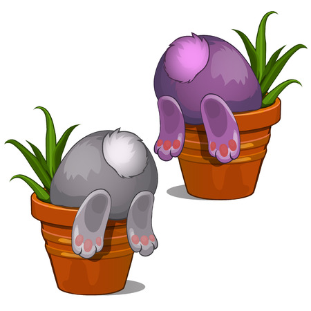 Gray and pink bunny looking for something in flower pot. Back and tail of rabbit view. Funny cartoon animal character for childrens illustrations, book and other design needs. Vector isolated on whiteのイラスト素材
