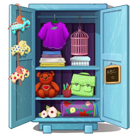 Blue kids wardrobe with female clothes.のイラスト素材