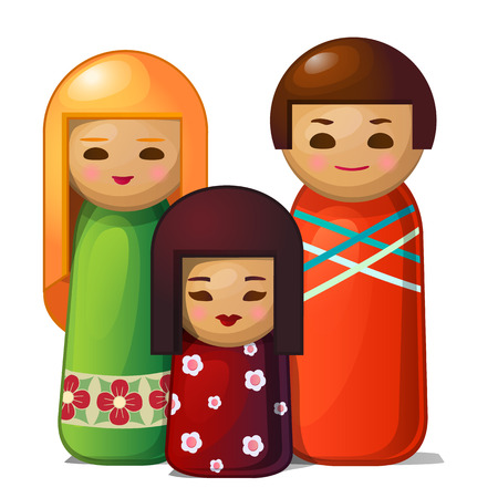 Japanese doll - woman, man and child. Asian family toys. Vector Illustration in cartoon style isolated on white backgroundのイラスト素材