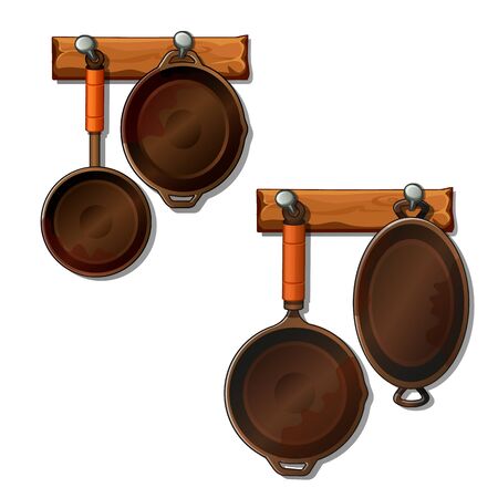 Frying pans and saucepans hangs on nails. Convenient location of kitchen utensils on special hooks. Housekeeping concept. Vector Illustration in cartoon style isolated on white backgroundのイラスト素材