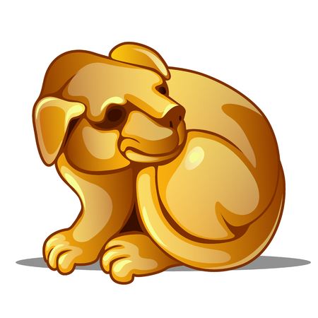 Golden figure of dog. Chinese horoscope symbol. Calendar of 12 animals. Eastern astrology. Sculpture isolated on white background. Vector illustrationのイラスト素材