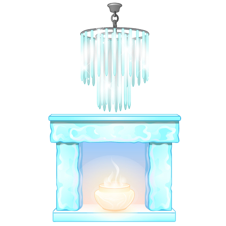 Chandelier and fireplace with flame of ice. Decorative frozen interior elements. Vector Illustration in cartoon style isolated on white backgroundのイラスト素材