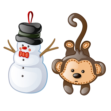 Christmas toys as figurine snowman and monkey. Christmas toys for festive mood and merry x-mas celebrations. Vector illustration in cartoon style on white background. Image isolatedのイラスト素材