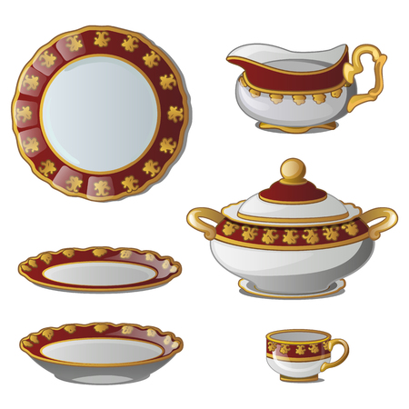 Ancient decorative set of dishes. Collection of plates, tureens, cups and a jug for cream. Vector illustration isolated on white backgroundのイラスト素材