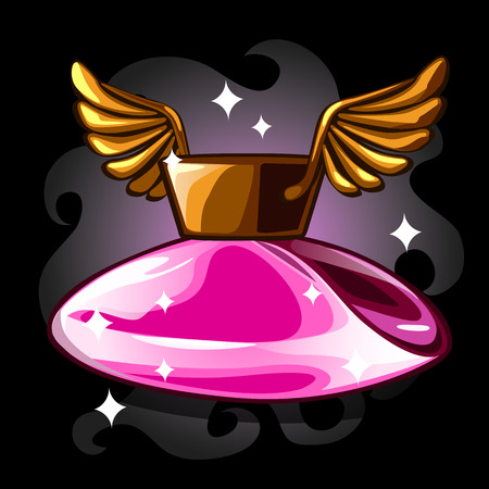 Flacon with pink liquid, cap with wings in sparks cloud. Fairy bottle with magical potion.のイラスト素材