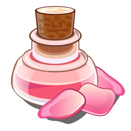 Bottle with pink liquid, wooden cap and petals. Glass flacon with perfume or magic potion and roses.のイラスト素材