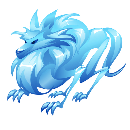 Stylized wolf figure made of ice. Blue image of mythical animal for decoration. Image in cartoon style for games and other design needs. Vector illustration isolated on whiteのイラスト素材