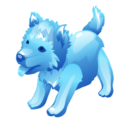Stylized dog cub figure made of ice, cartoon, isolated. Blue image of mythical animal for decoration. Image in cartoon style for games and other design needs. Vector illustration isolated on whiteのイラスト素材