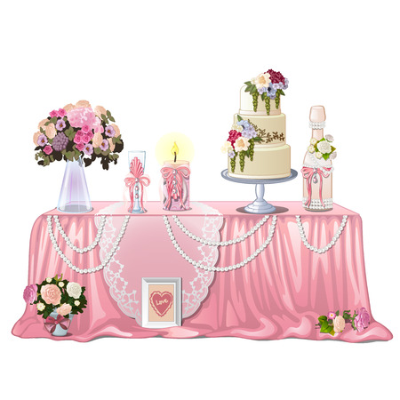 Decorated table with wedding paraphernalia isolated on white background. Vector cartoon close-up illustration.のイラスト素材