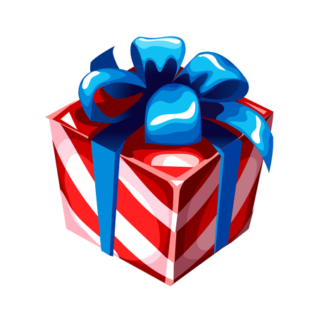 Gift box with blue ribbon bow, striped wrapped paper, isolated on white. Sketch for greeting card, festive poster, party invitation. Attributes of Christmas and New year. Vectorのイラスト素材