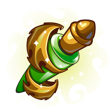 Green liquid in a bottle adorned with golden dragon wings. Vector illustration.のイラスト素材