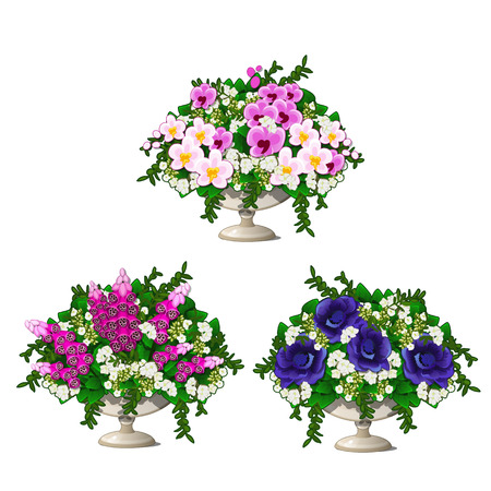 Set of vintage marble vase with flowers isolated on white background. Element of landscape design of the Park. Vintage architecture. Vector illustration.のイラスト素材