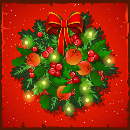 Template Christmas card. Festive wreath with bow. Vector illustration.のイラスト素材