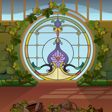 Round window with stained glass in the winter garden or greenhouses. Vintage architecture. Vector illustration.のイラスト素材