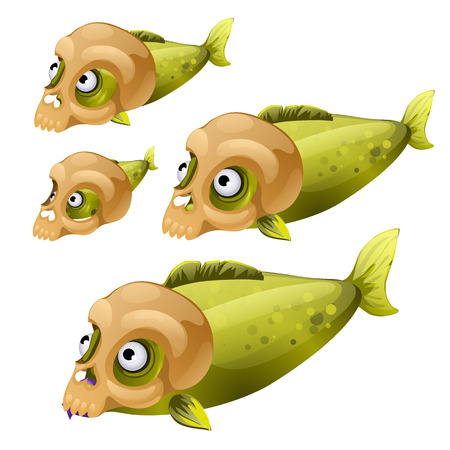 Set green fish swim with masks in the form of a human skull isolated on white background. Vector illustration.のイラスト素材