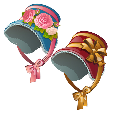 A set of vintage ladies hats isolated on a white background. Cartoon vector close-up illustration.のイラスト素材