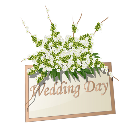 Wedding plate with text decorated with flowers isolated on white background. Vector cartoon close-up illustration.のイラスト素材