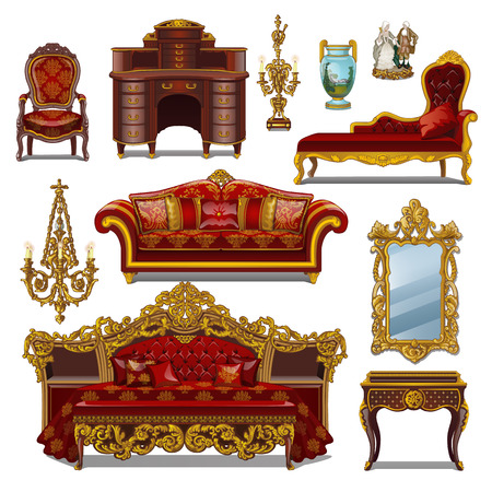 A set of furniture red color for vintage interior isolated on white background. Vector cartoon close-up illustration.のイラスト素材